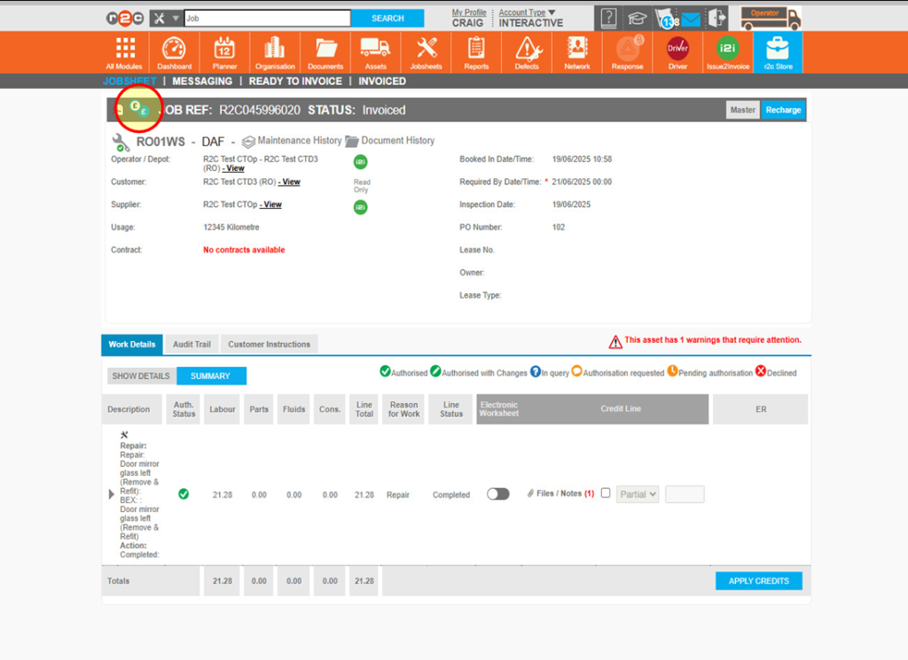 Step 7 – These costs and Invoice PDF are for your r2c records. Since the depot is read only, they will not be able to interact or view this information on r2c. You can view the pdf using the pound symbol from the jobsheet header.