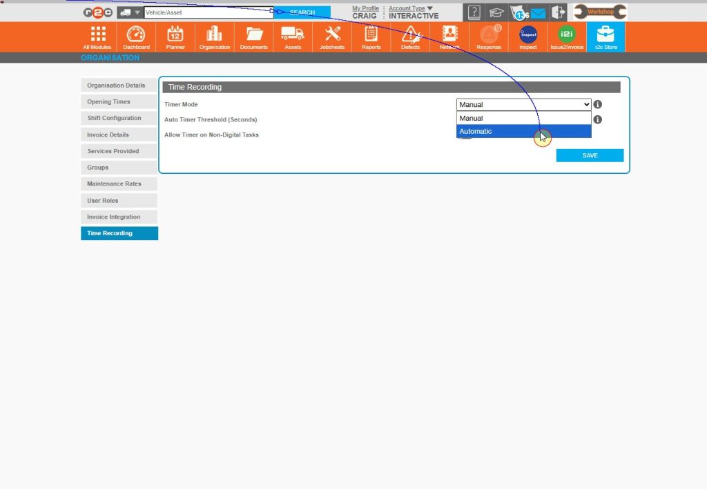 Step 1 -  First, click on Organisation, then select Time Recording to access your timer settings. Under Timer Mode, choose ‘Automatic’ from the dropdown menu.