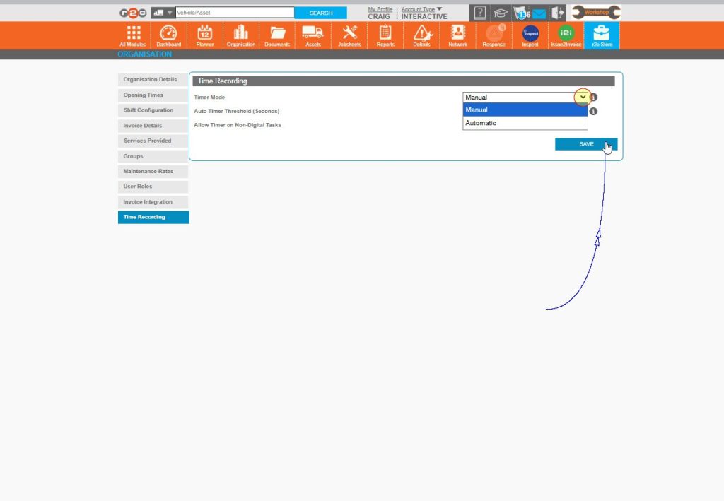Step 1 – First, click on Organisation, then select Time Recording to access your timer settings. Under Timer Mode, choose ‘Manual’ from the dropdown menu. Click Save to apply the changes.