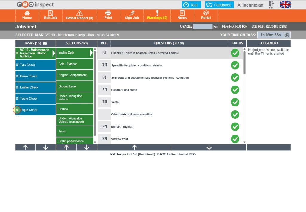 Step 1 - Tasks that have an ‘N’ code are non-digital tasks that need to be completed in portal. The time recording module can still be used within Inspect to add a time record.