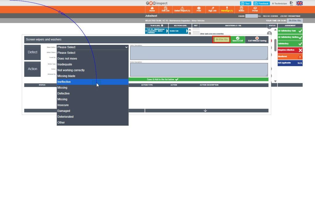 Step 2 - You can now begin entering the defect details for this question using the text boxes and the drop-down options. The timer will already be running when the defect box opens and will continue to do so whilst raising defects against the question selected.