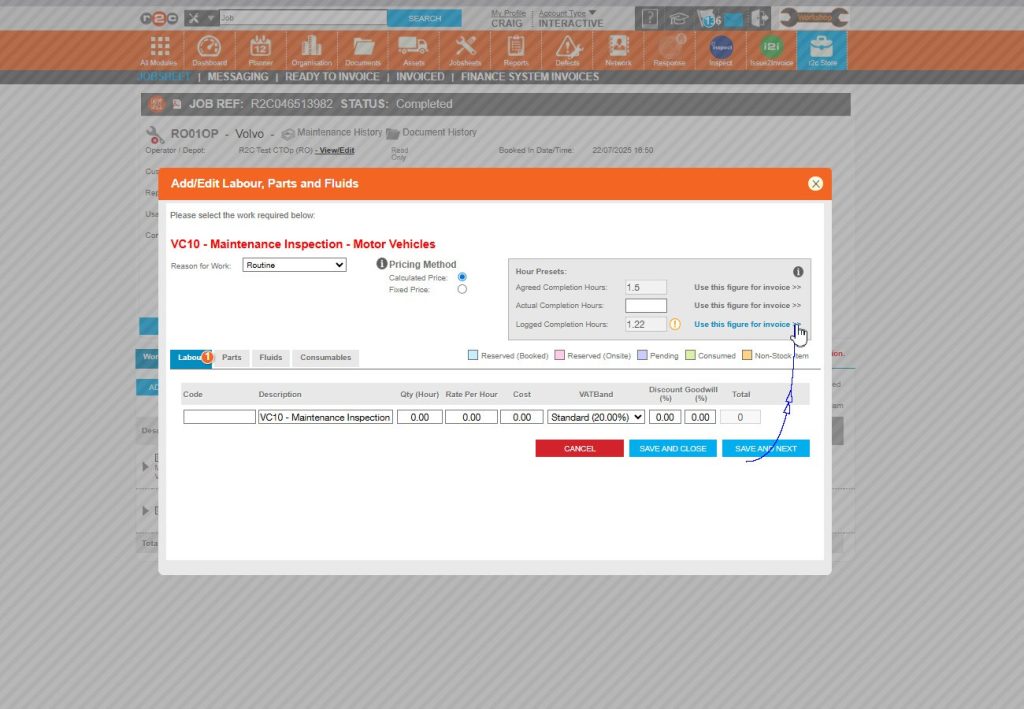 Step 2 - You will now see Agreed completion hours based on menu pricing information, actual hours which are entered manually by a user and logged hours which have come from time recording information. You can choose which of these 3 entries to use for billing by clicking ‘Use this figure...’ next to the corresponding time.