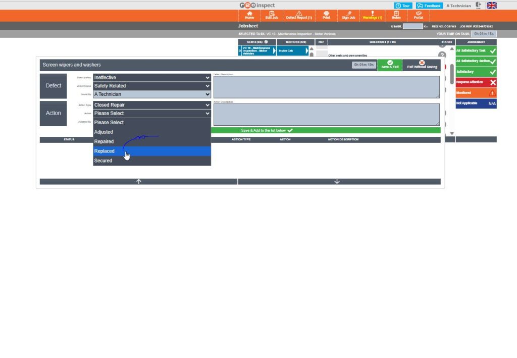 Step 3 - Use the drop-down options or text boxes to record the defect description and the action taken