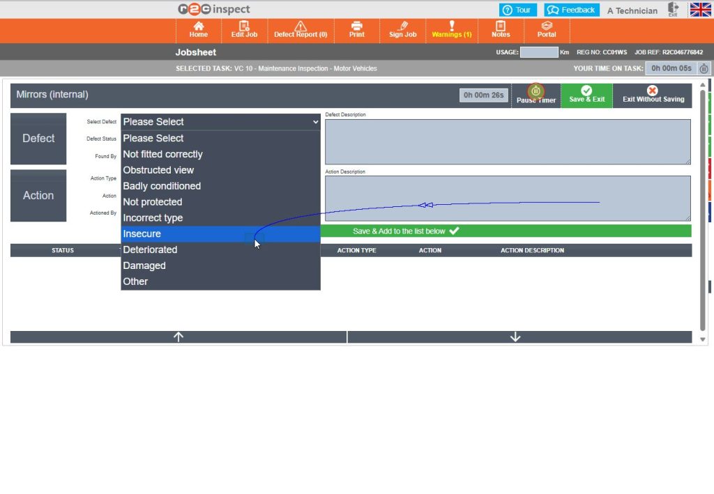 Step 3 - You can now begin entering the defect details for this question using the text boxes and the drop-down options. The timer will already be running when the defect box opens, you can click pause if needed.