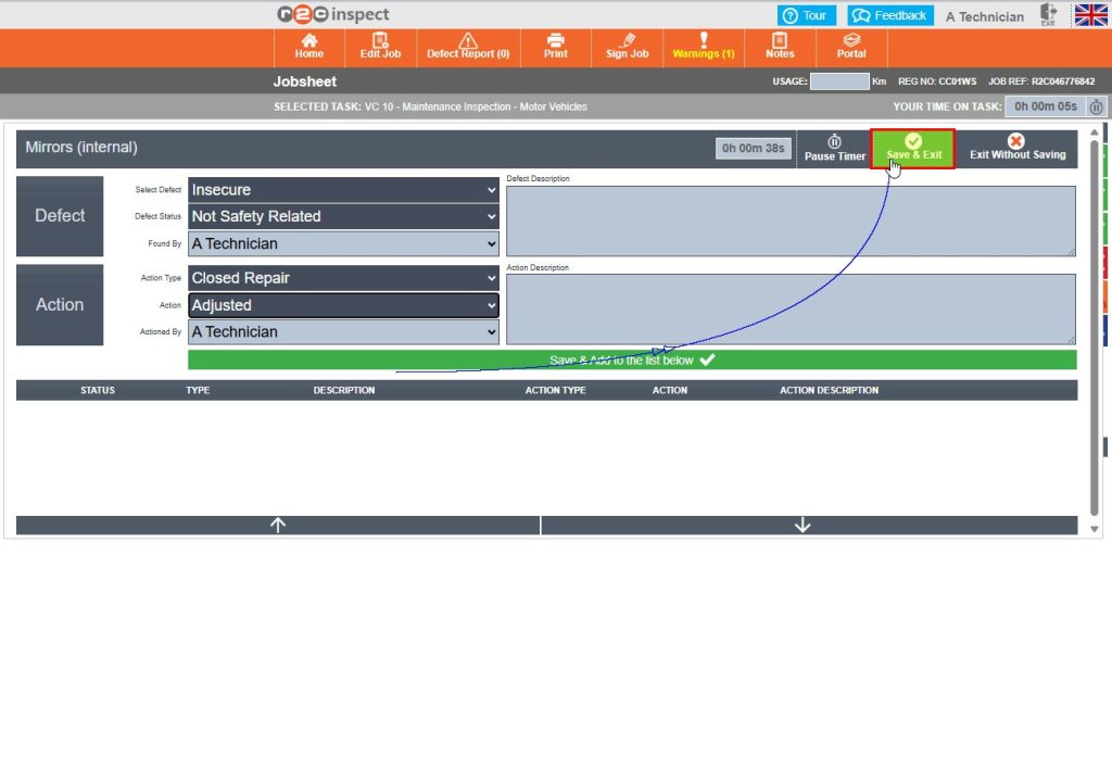 Step 4 - Once the defect description and action have been recorded, click on ‘Save & Exit’ to save both the defect and the time record.