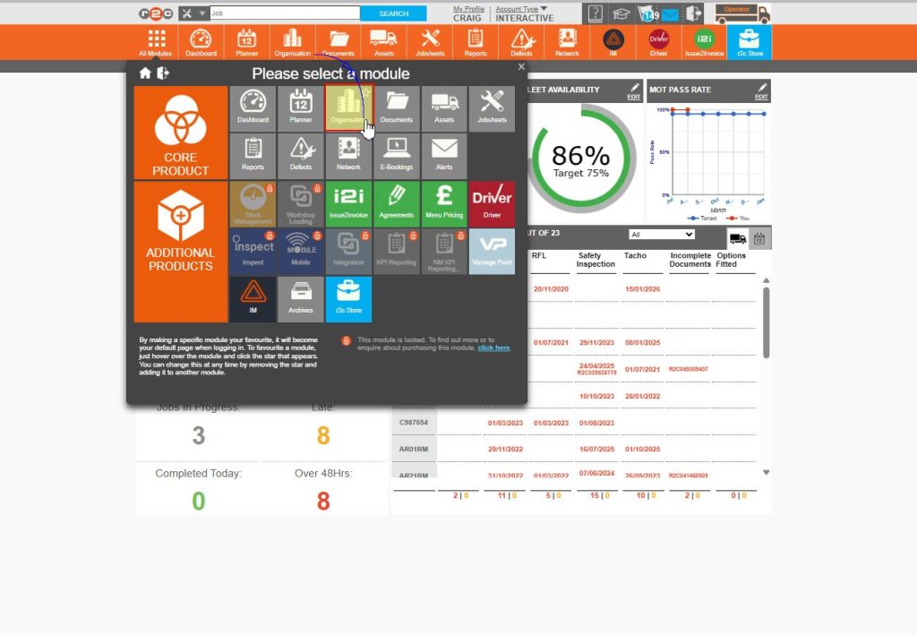 Step 1 – Startt by clicking ‘Organisation’ from the top menu bar or the ‘All modules’ window to open the settings page.