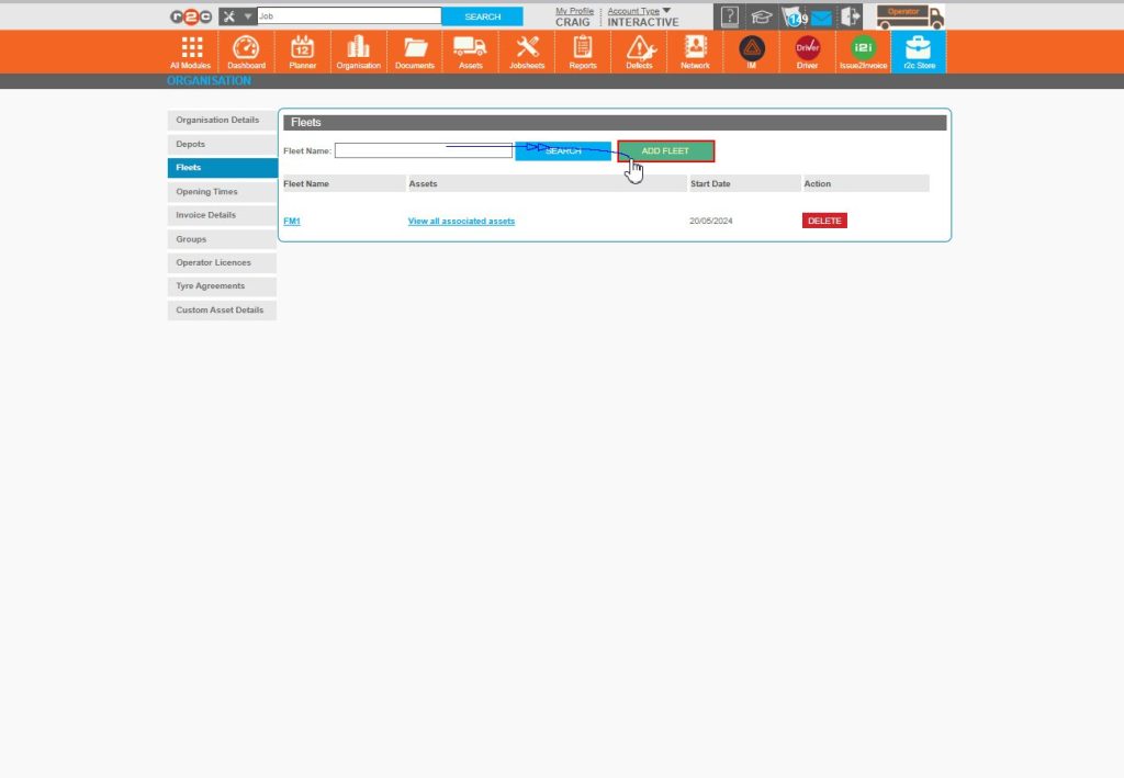 Step 3 – Here you will see any existing Fleet names that have been previously created, click on the ‘Add Fleet’ button to create a new one.