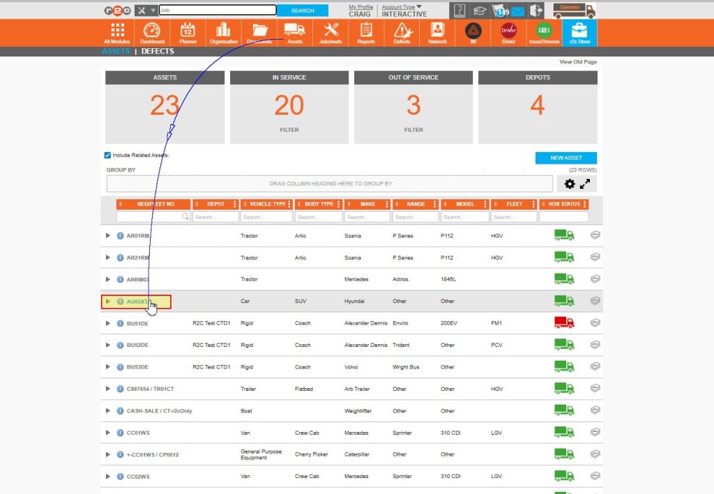 Step 6 – Select an asset from the list, click on the vehicle Reg to go to it’s full record.