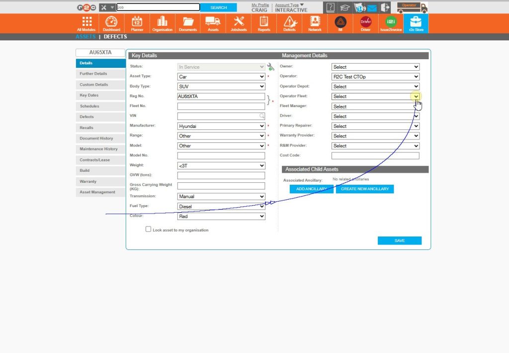 Step 7 – Click the drop down arrow on the ‘Operator Fleet’ field for the asset.