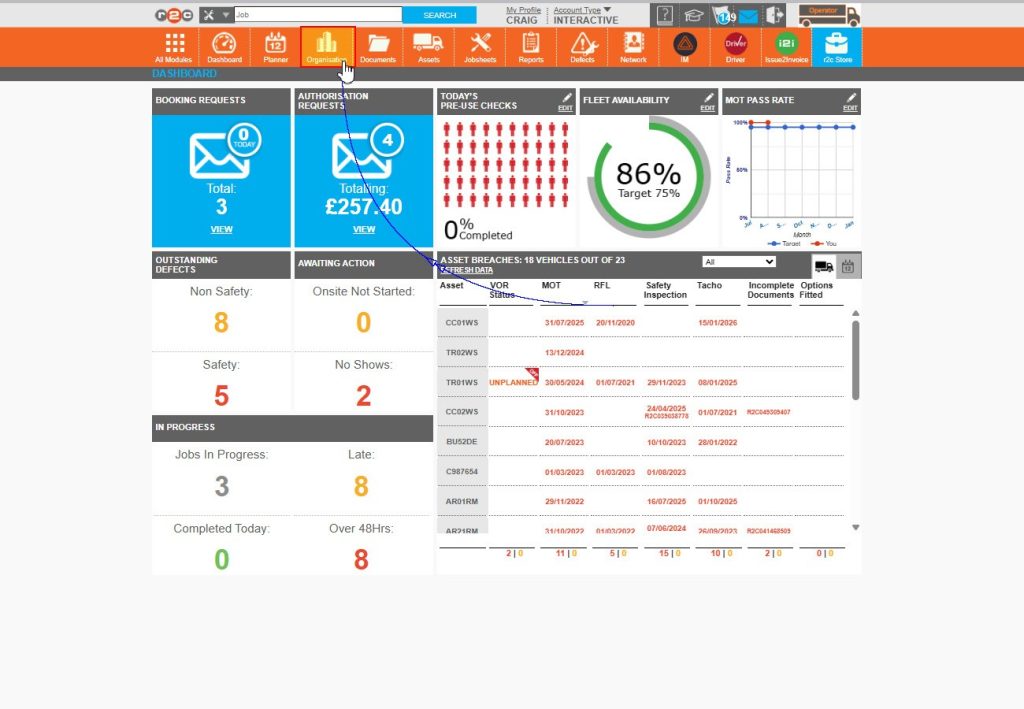 Step 1 – Start by clicking on ‘Organisation’ from the header bar.