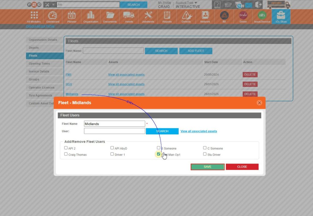 Step 3 – Here you can tick the names of any users who ONLY need to see assets associated to this specific fleet and click ‘SAVE’