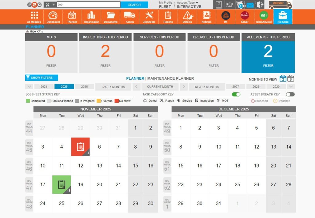 Step 5 – This filtered view also applies to other pages, in this case the planner now shows a reduced number of jobsheets. So that only work items related to the fleet assigned to this user are shown.