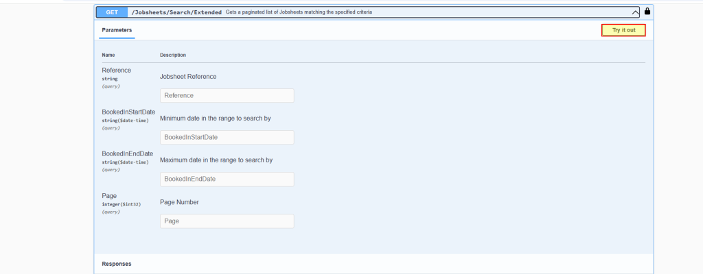 Step 4 – To begin testing the API functions click 'Try it out'  to unlock the fields