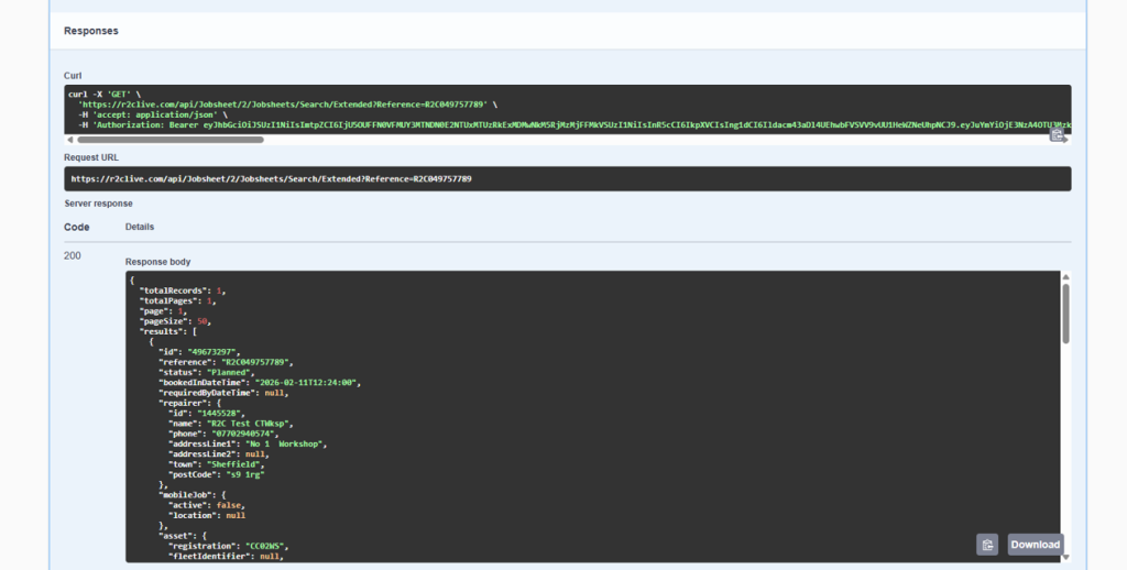 Step 6 – The response is shown below, if unsuccessful an error code of 400 will show. In which case the job number needs to be reviewed and corrected. Or the authorisation token requires renewing.