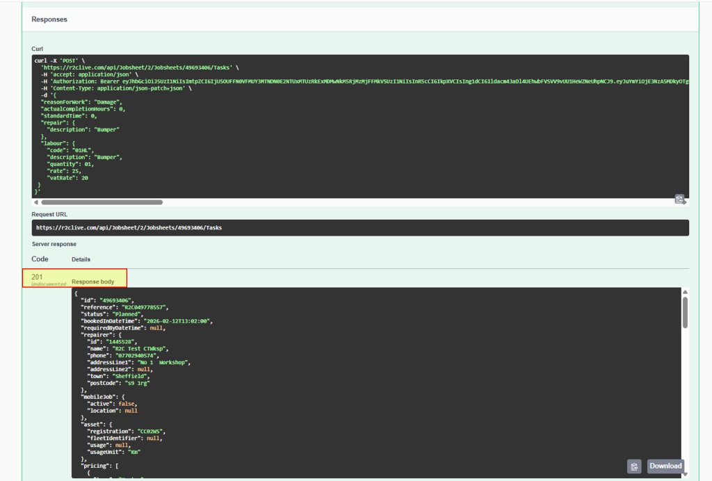 Step 4 – If successful a code 201 will show, if unsuccessful a 400 code will show in which case the code will need to be reviewed and submitted again.