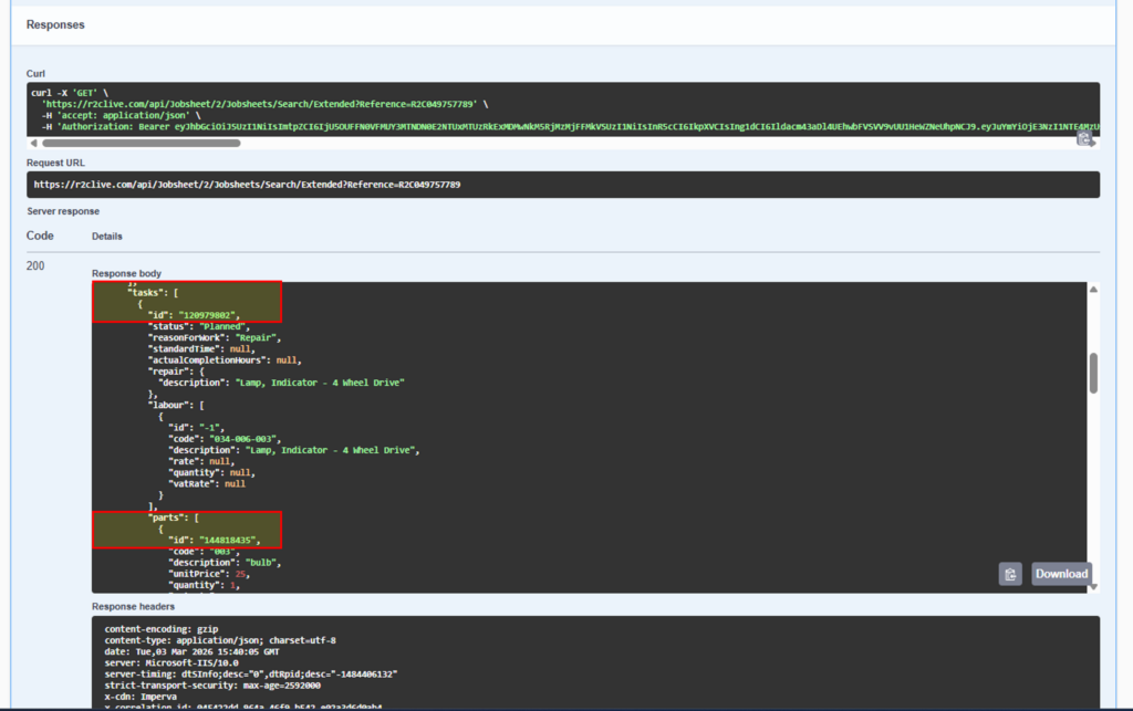Step 1- Start by referring back to the response details on the Jobsheet Extended API. from here, copy the 'Jobsheet ID', 'Task ID' and the ‘Part ID’ to begin using the Patch Part API.