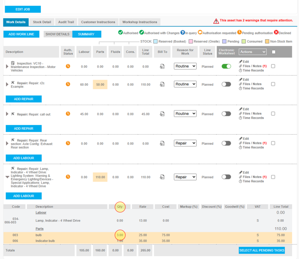 Step 4 - The part quantity has been updated on the jobsheet in portal.