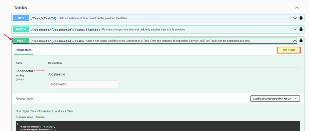 Step 2 -  To begin testing the API Functions click 'Try it out'  to unlock the fields