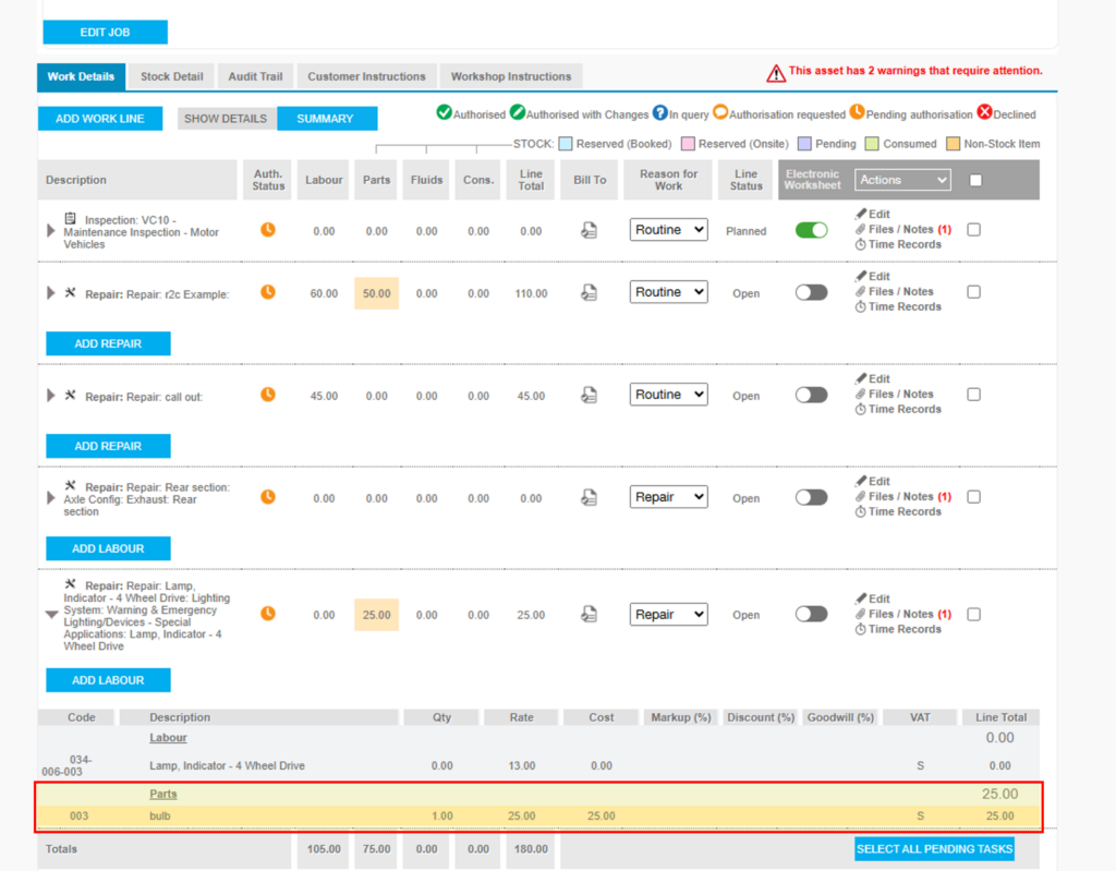 Step 4 - The part has been added to the jobsheet in portal