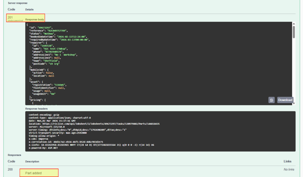Step 3 - If successful a code 201 will show, if unsuccessful a 400 code will show in which case the code will need to be reviewed and submitted again.