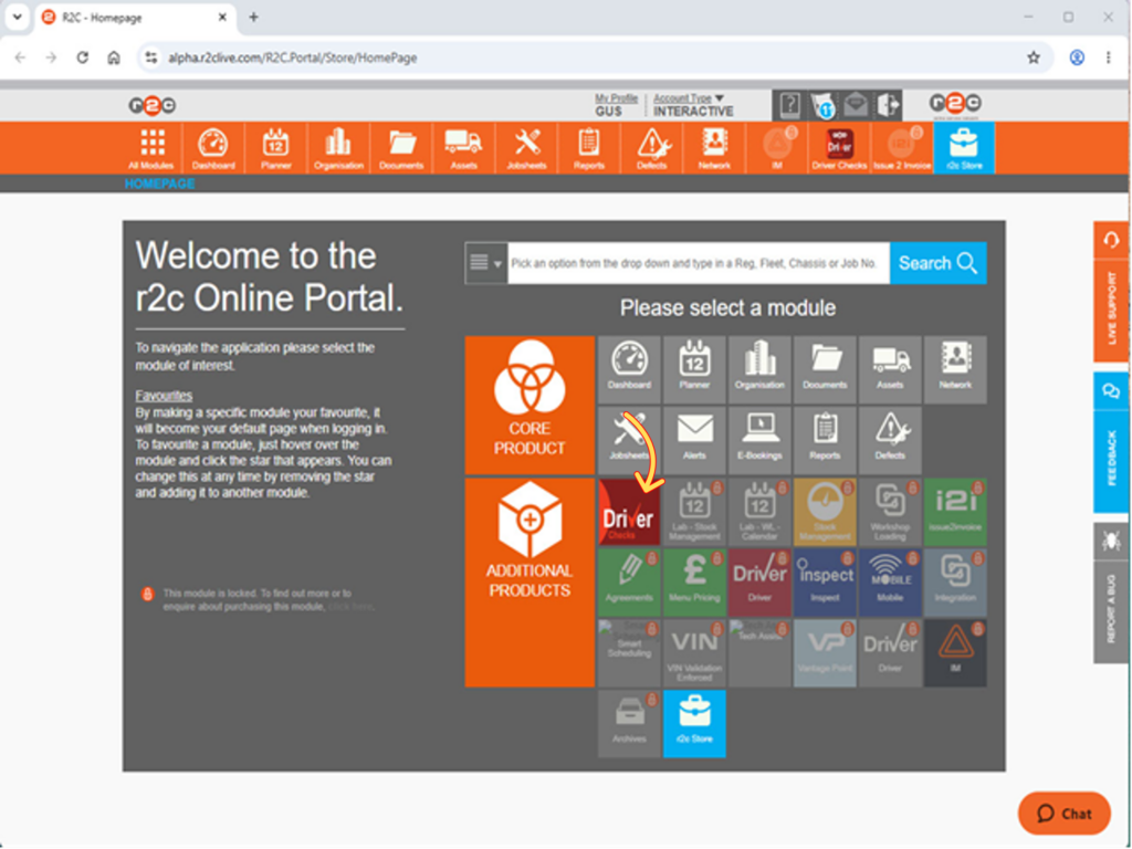 Step 1 – Click the Driver Checks Module icon from the welcome screen or the navigation bar.