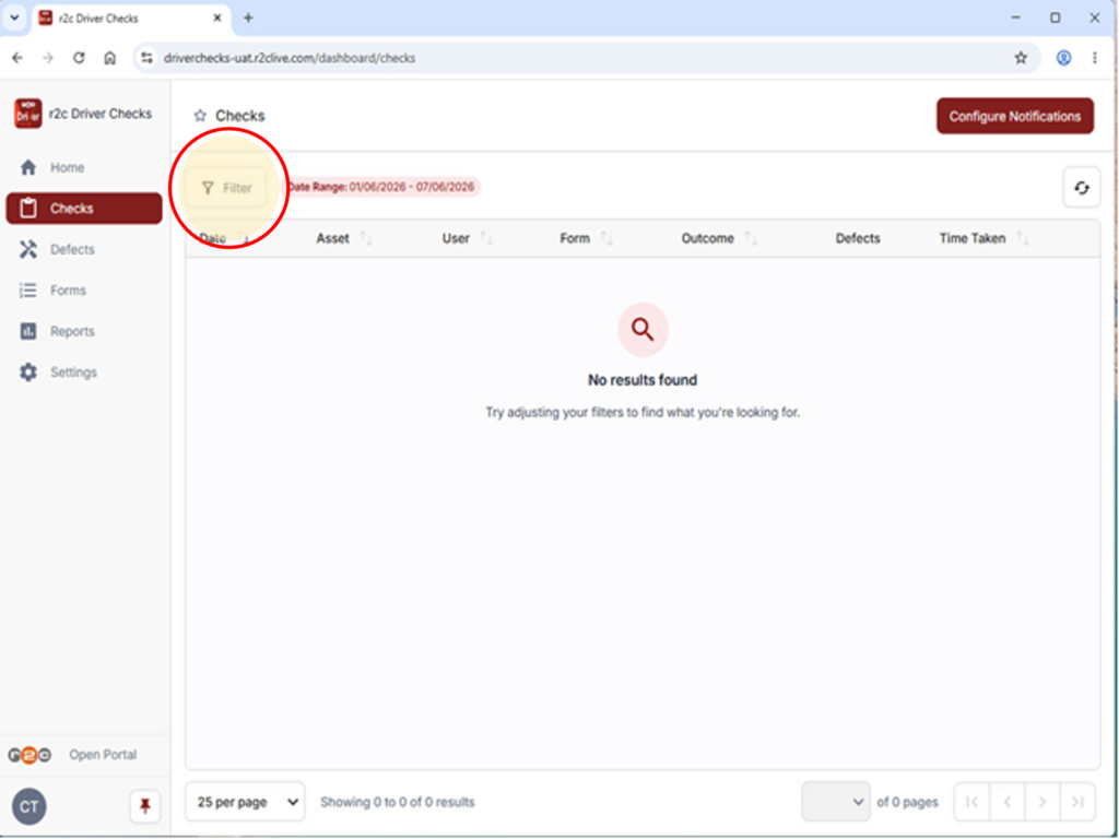 Step 2 – The checks list defaults to the current week. To refine your results, click the 'Filter' icon.
