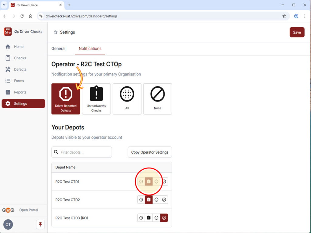 Step 2- Here you can turn on email notifications for defects only, unroadworthy checks only or both. You can also choose to enable or disable these by depot. Click the notifications you would like to opt-in for and then click 'Save' from the top corner.