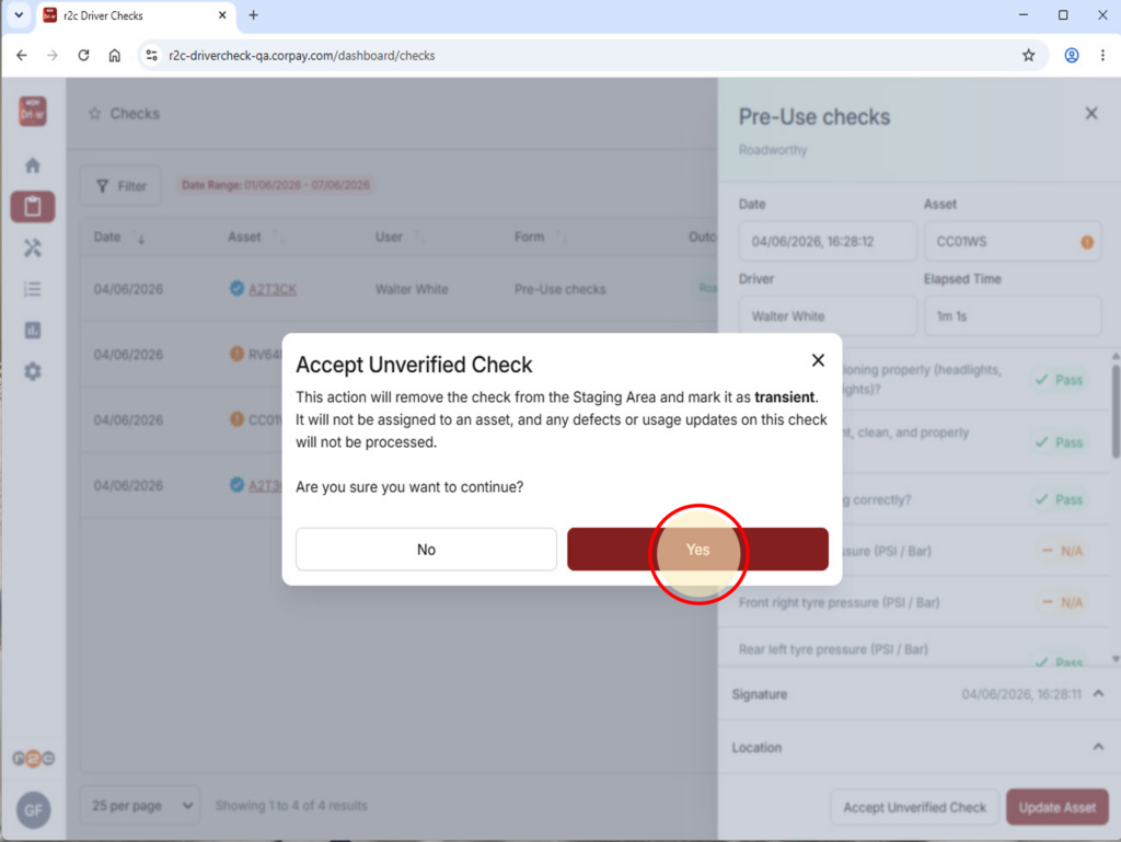 Step 3 - Confirm you are happy to accept the check as a transient fleet asset