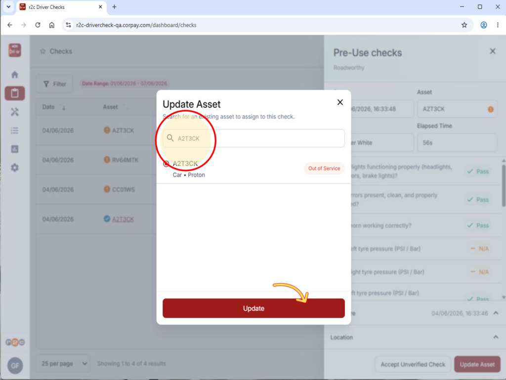 Step 3 - Search for the correct asset, select the match and then click the 'Update' button.