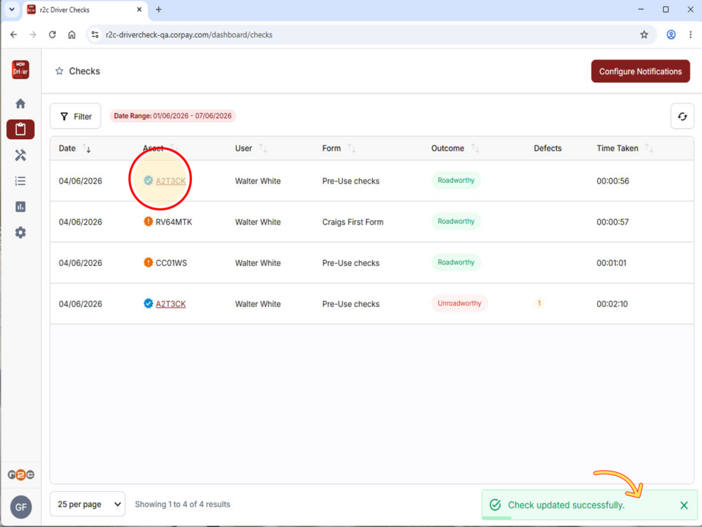 Step 4 - The asset icon has updated to verified successfully and the check has been reassigned to the correct vehicle.