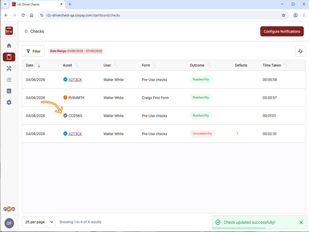 Step 4 - The asset will now show a grey tick icon and the completed check will be available to view in your records.