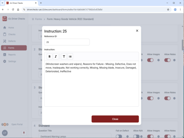 Step 4 - The instructions will show in a pop-up window for you to view. Tap close to return to the form view.