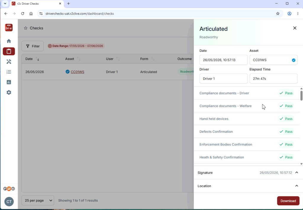 Step 5- Here you can view the information submitted by the driver and any defects raised.