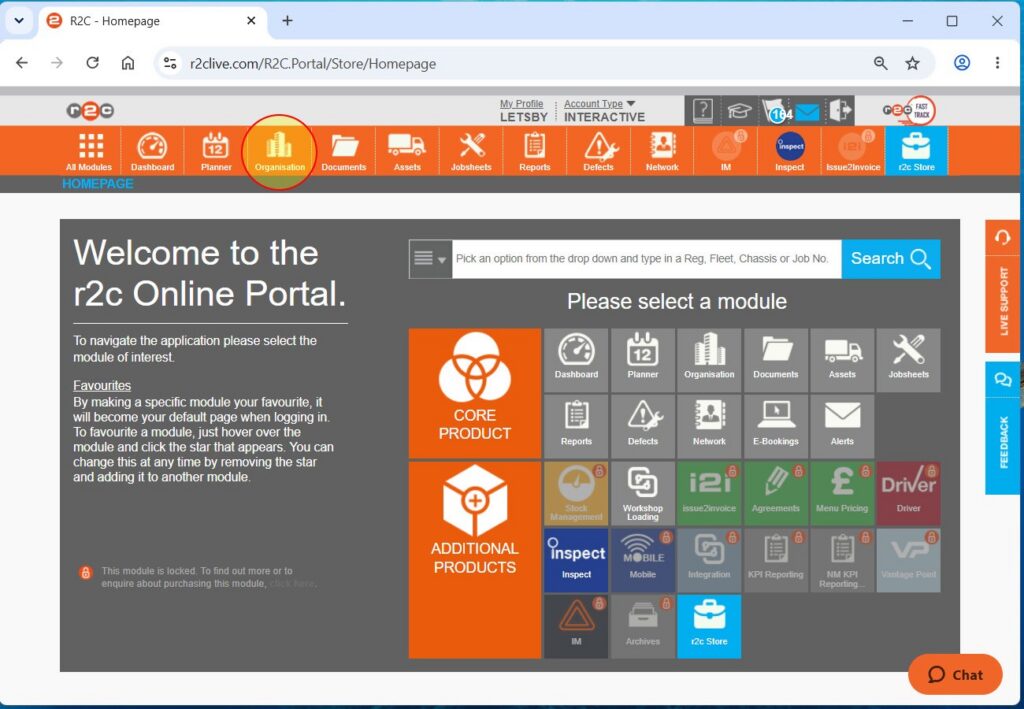 Step 1: Click Organisation from the header menu.