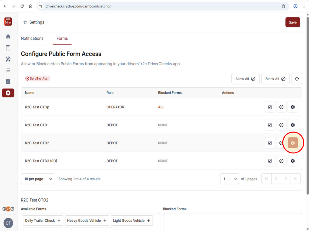 Step 2 - Click the Cog Wheel icon for a specific site/account.