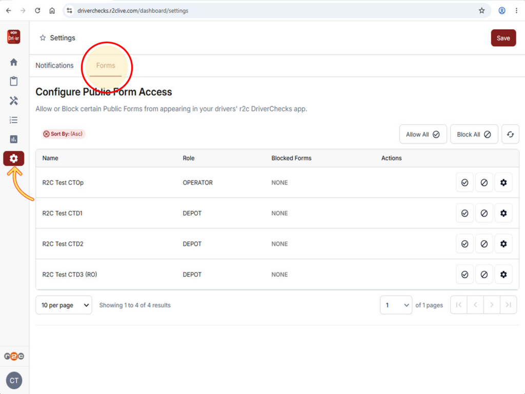 Step 1 - Once changes have been saved, a confirmation message will show. In this case all public forms have been allowed for the operator level.