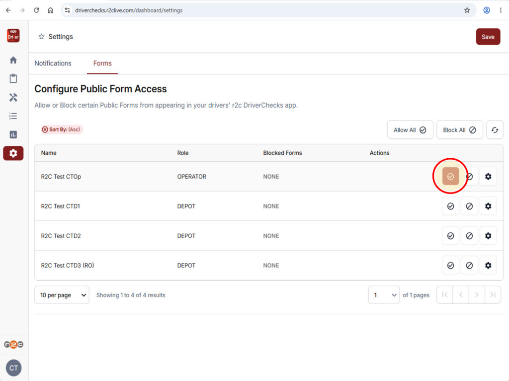 Step 5 - Use the Allow all or Block all buttons to apply changes to forms across all sites.