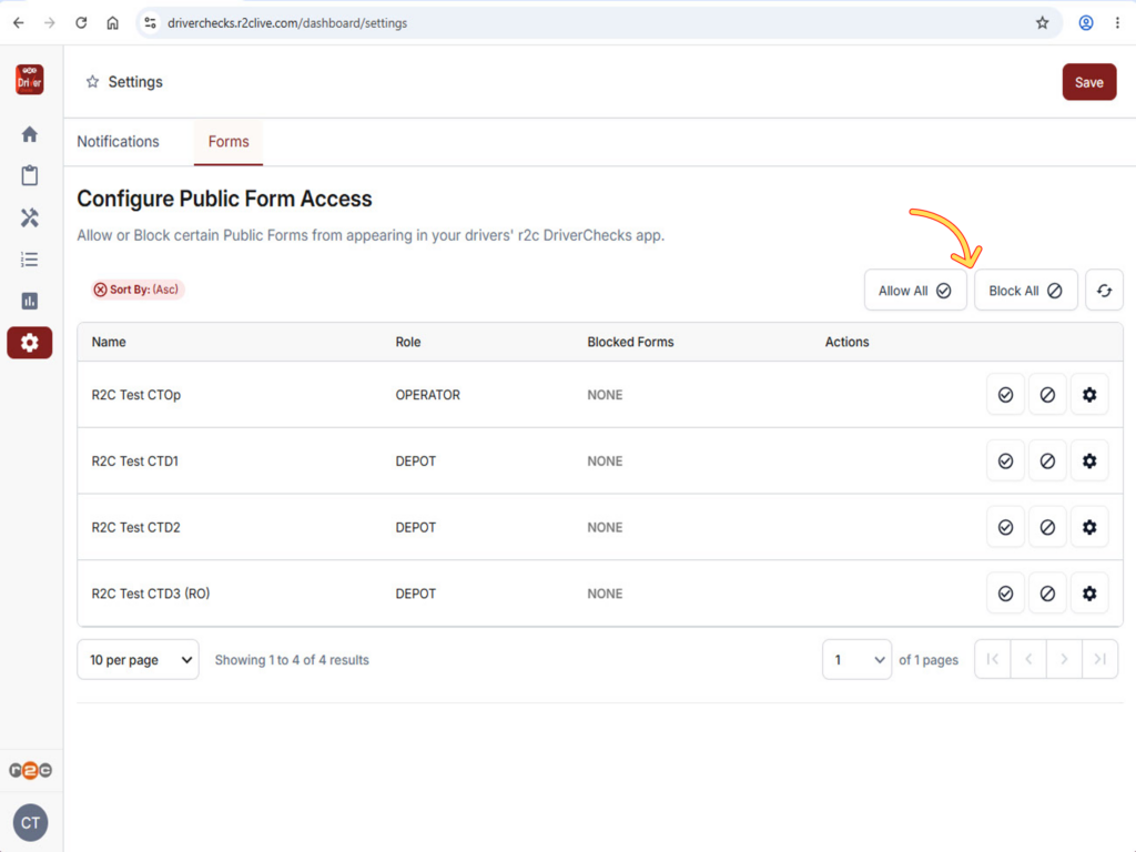 Step 2 - Use the Allow all or Block all buttons to apply changes to forms across all sites.