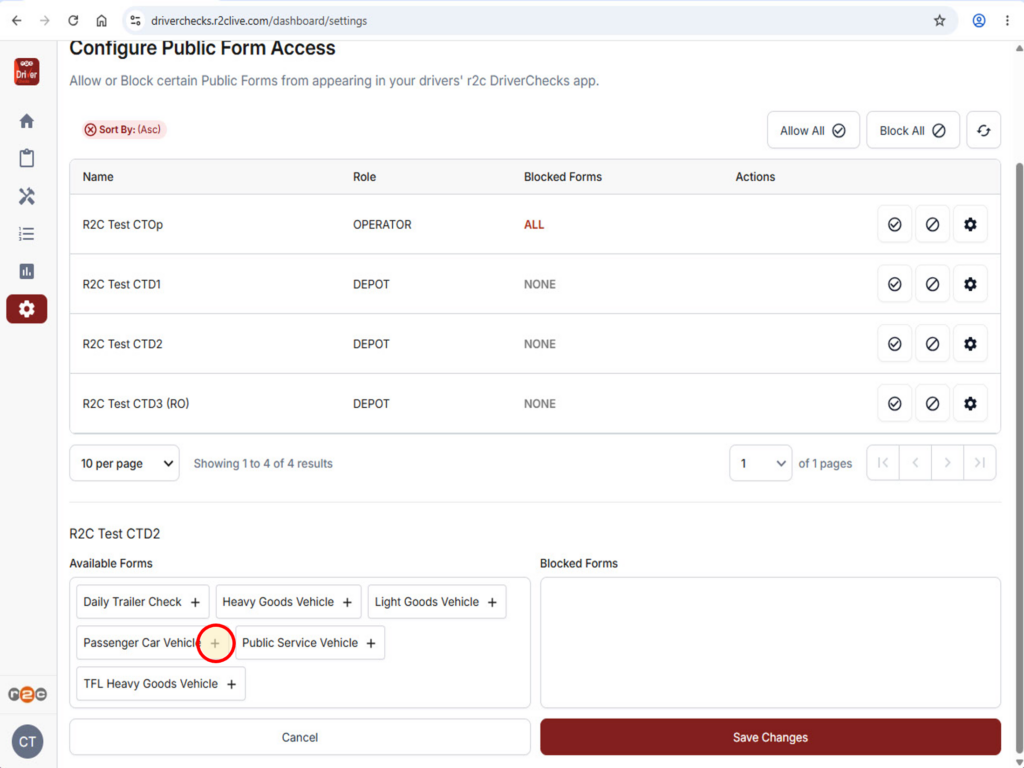 Step 3 - From the list of forms, click the '+'  plus symbol to add a form to the blocked category. Repeat this for any individual public forms you  want to block.