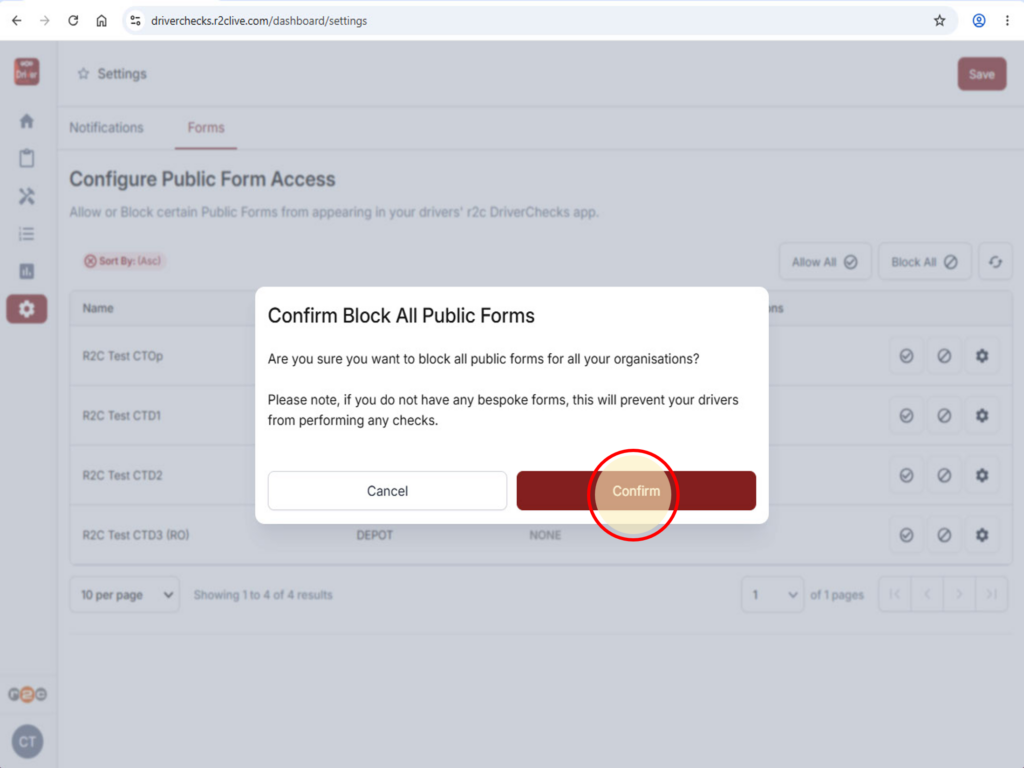 Step 3 -  Use the Allow all or Block all buttons to apply changes to forms across all sites.