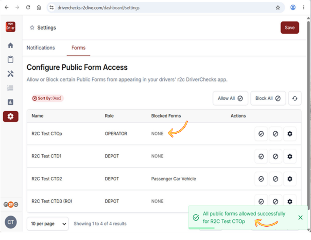 Step 6 - Use the Allow all or Block all buttons to apply changes to forms across all sites