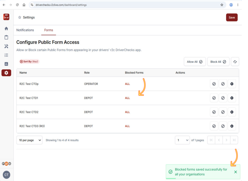 Step 4 - Use the Allow all or Block all buttons to apply changes to forms across all sites.