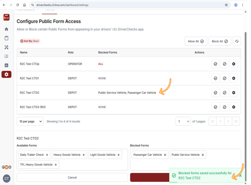 Step 5 - The list will update to show any specific blocked forms, and a confirmation message will show.