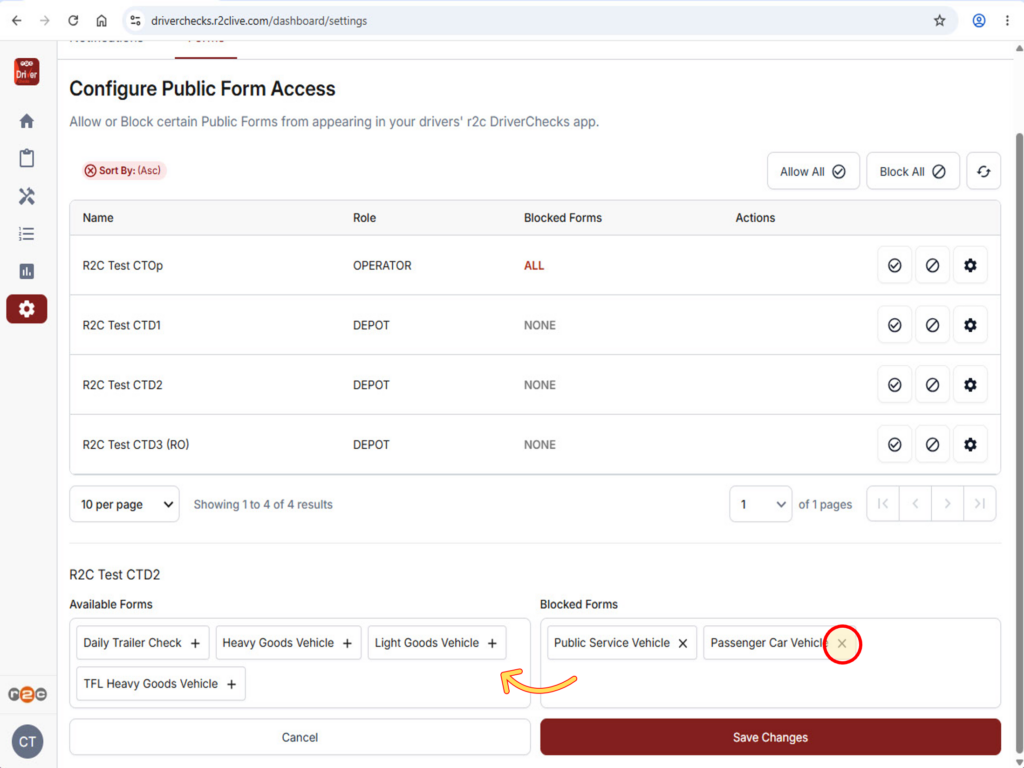 Step 6 - To remove a form fro the blocked category, click the ' X' cross symbol to move a single form back to the allowed category.